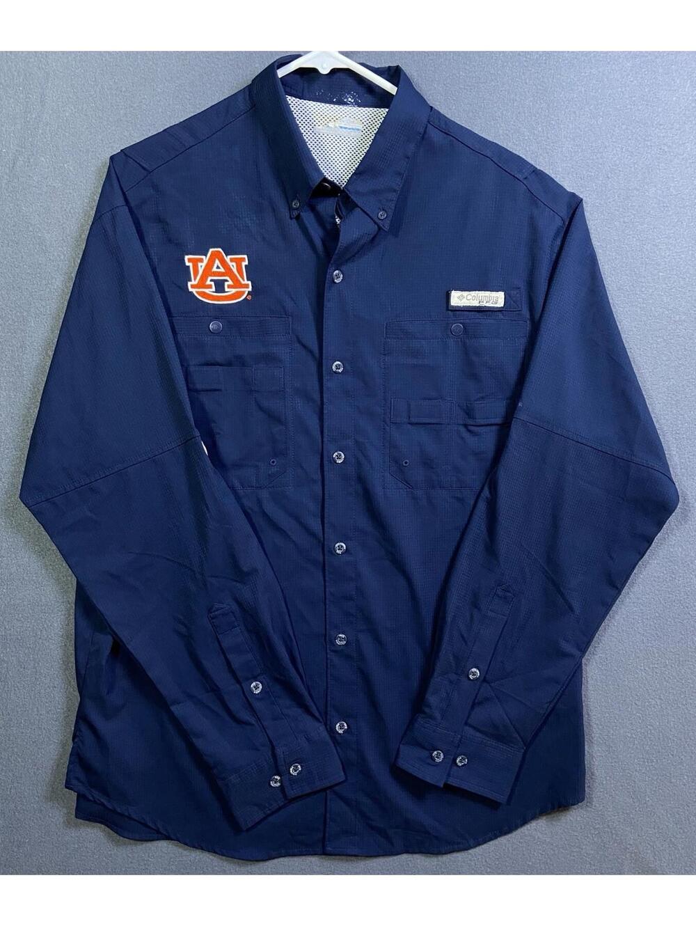 Auburn Tigers Shirt Mens Large Blue NCAA Football Columbia PFG Fishing Button Up